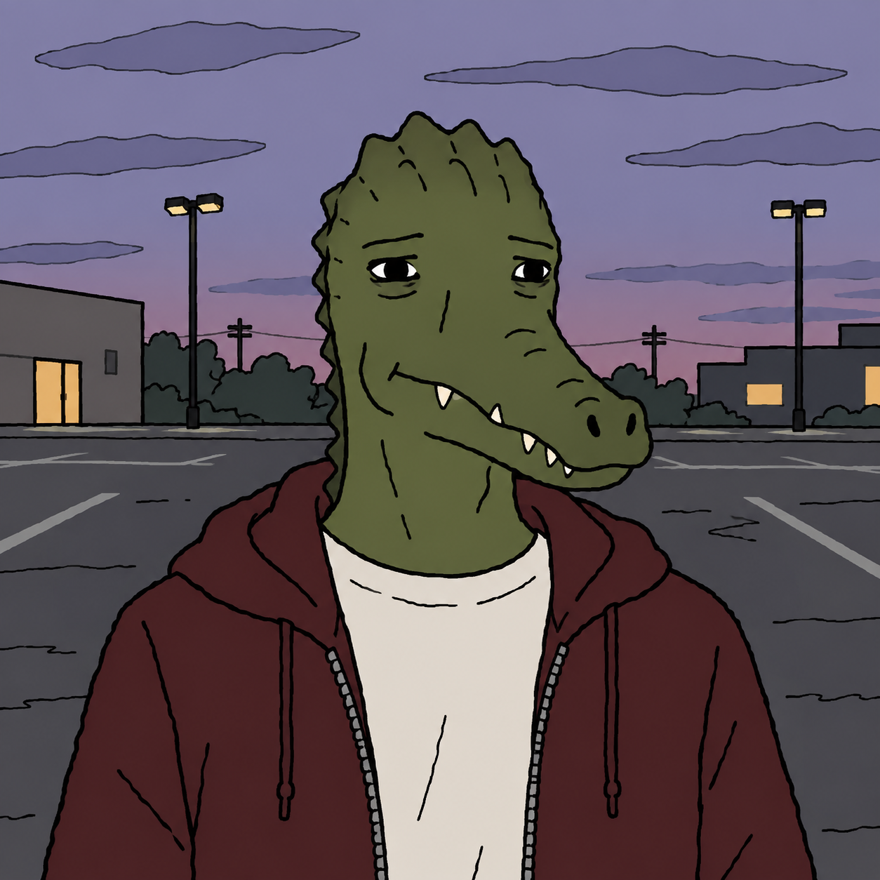 Crungo, an olive-green crocodile in a burgundy hoodie standing in a quiet parking lot at dusk